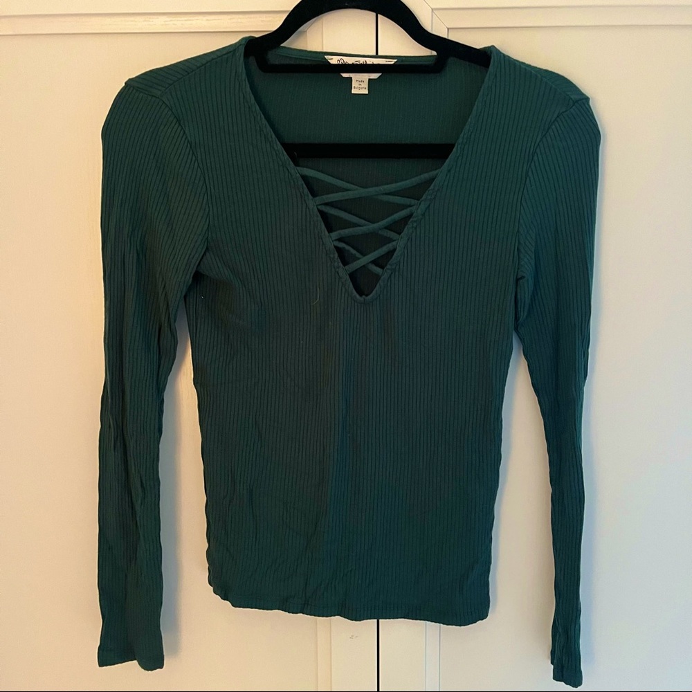 Miss Selfridge Dark Green Lace Up Long Sleeve Shirt